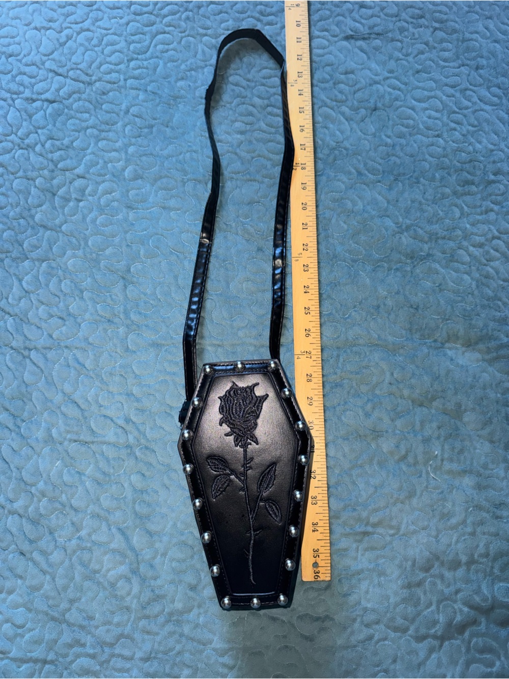 Black Coffin-Shaped Crossbody bag with Embroidered Rose & Stud Trim - Picture 7 of 8